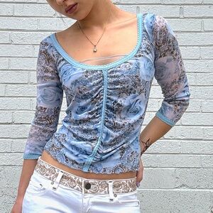 Weston Wear Y2K Blue Rose Mesh Ruched Top Made in USA Size S